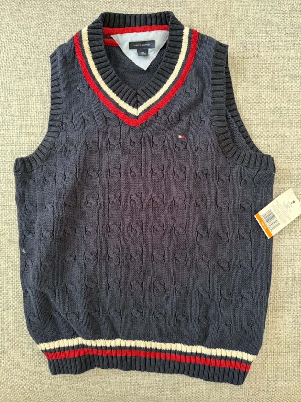 Boys Navy Cable Knit V-Neck Sweater Vest with Red & Cream Trim